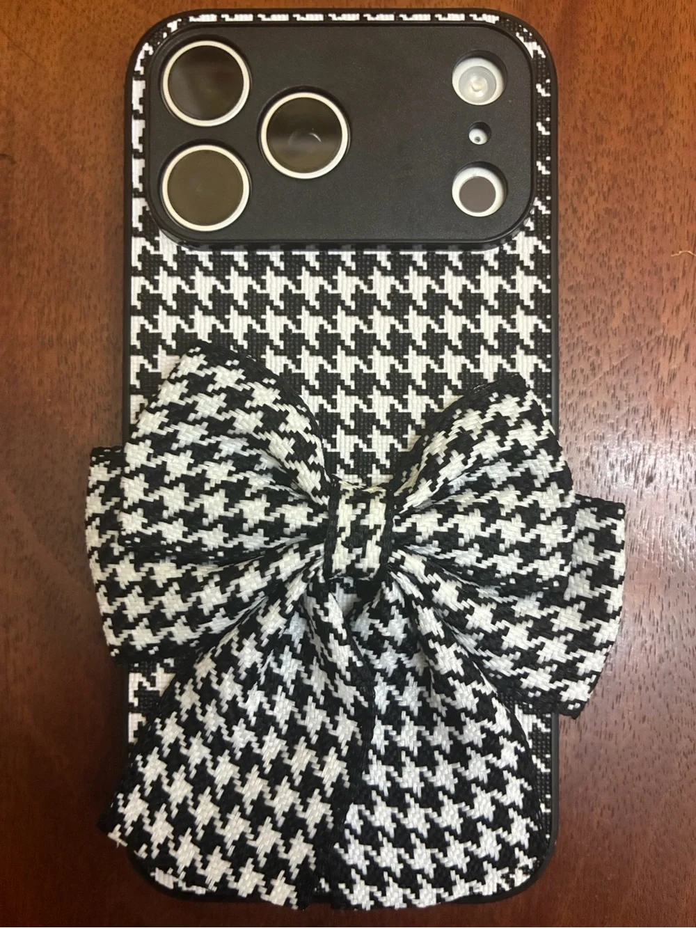 Houndstooth bow iPhone 17 Pro Max phone case black white check fabric plaid NEW